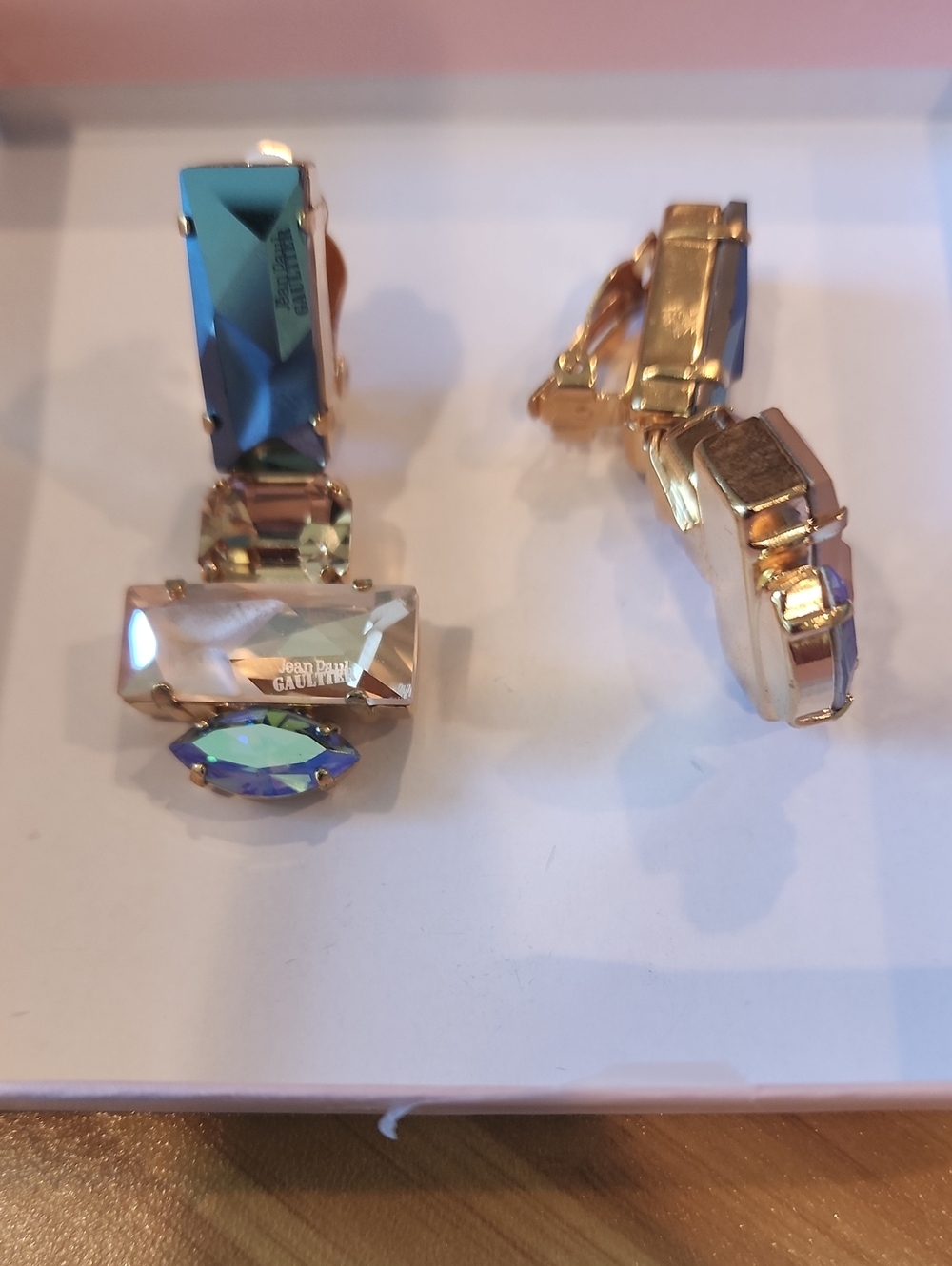 NWOT One Of A Kind: Jean Paul Gaultier Gold Earrings w/ Blue/ Champagne Crystals